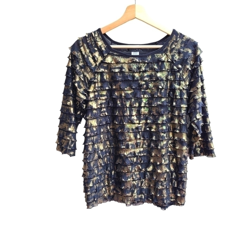 Black Ruffle Shirt with Gold Foil Detail